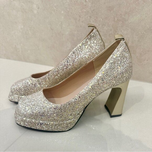 None Shoes - Champagne Gold Glittery Platform Heels -9cm heels
